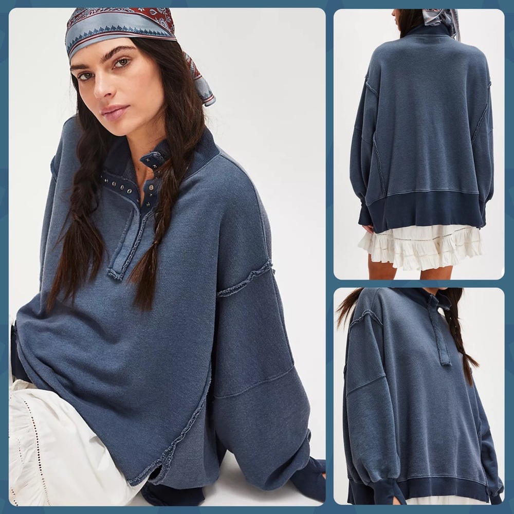 🍒(A235) NWT Free People Camden Henley. Navy Blue. Size: Large